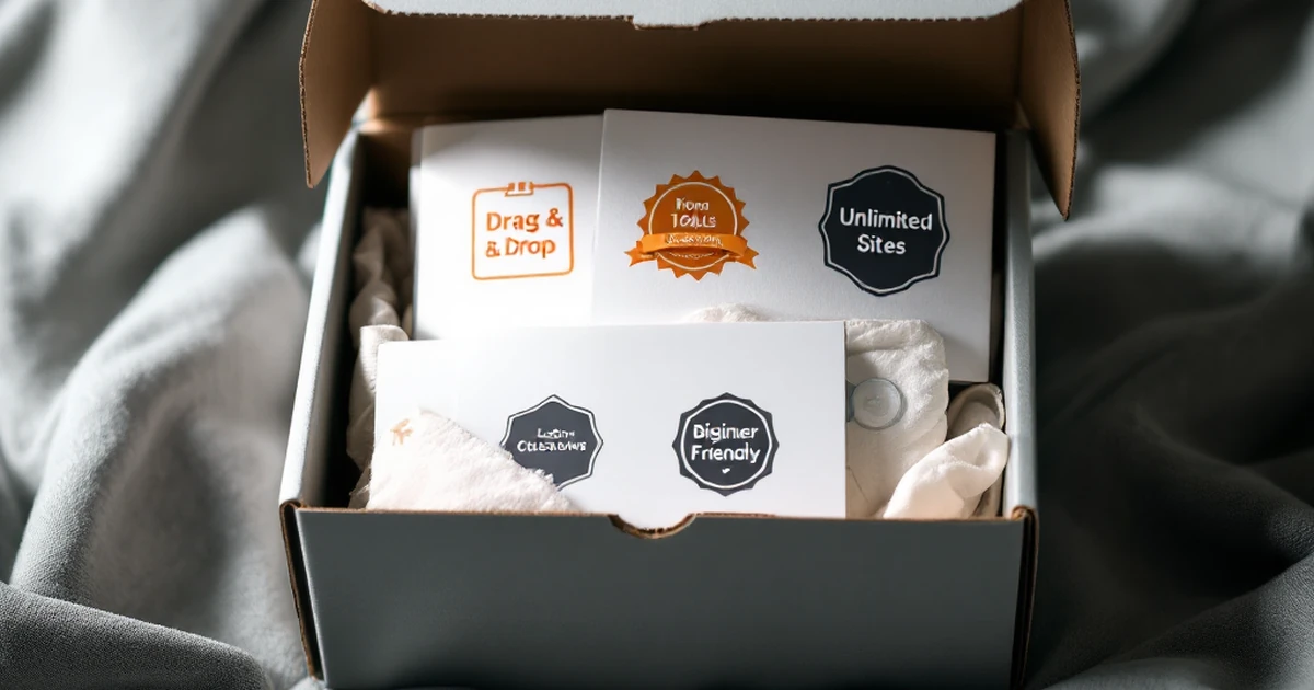 An open gift box containing personalized website builder tools and badges, representing the target audience for the Divi theme.