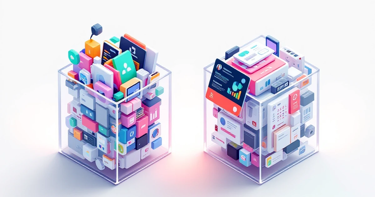 An isometric diagram comparing a dense set of features versus a streamlined set, illustrating a feature-by-feature analysis.