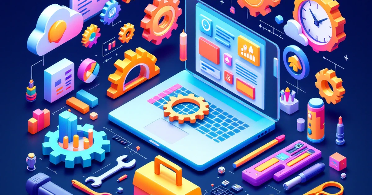 Isometric illustration of digital toolkit with page builder icons.