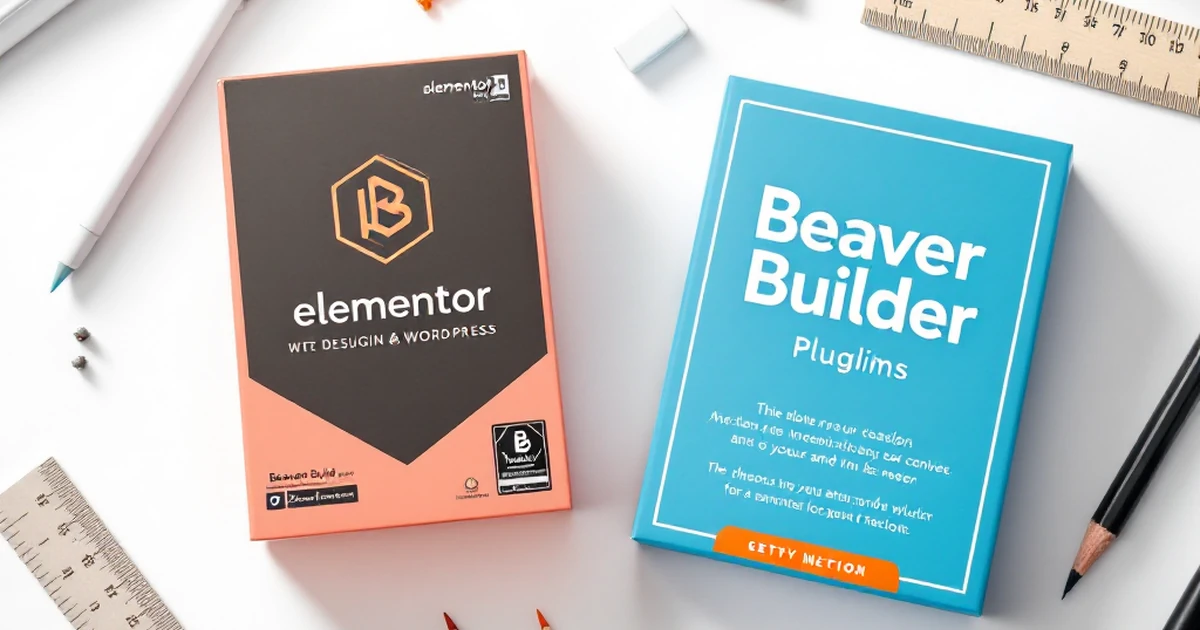 Product photography of WordPress plugin packages for Elementor and Beaver Builder.