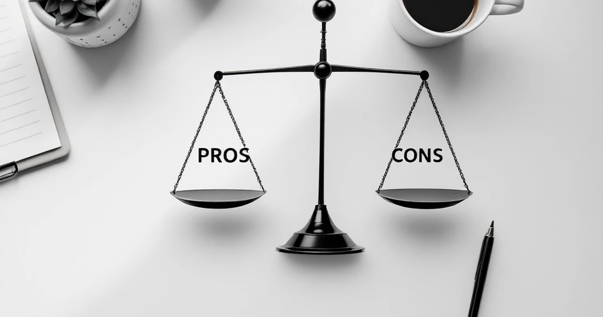 Pros and cons analysis setup with balance scale and clipboard.