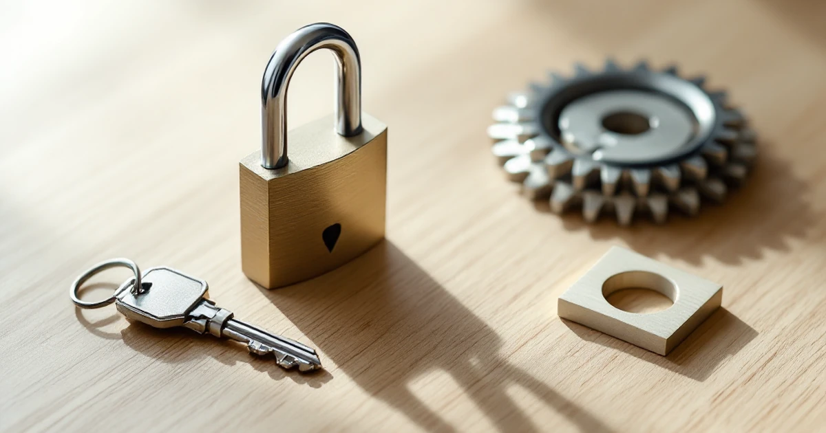 A padlock, shield, and gears arranged on a wooden desk, representing website security tools.