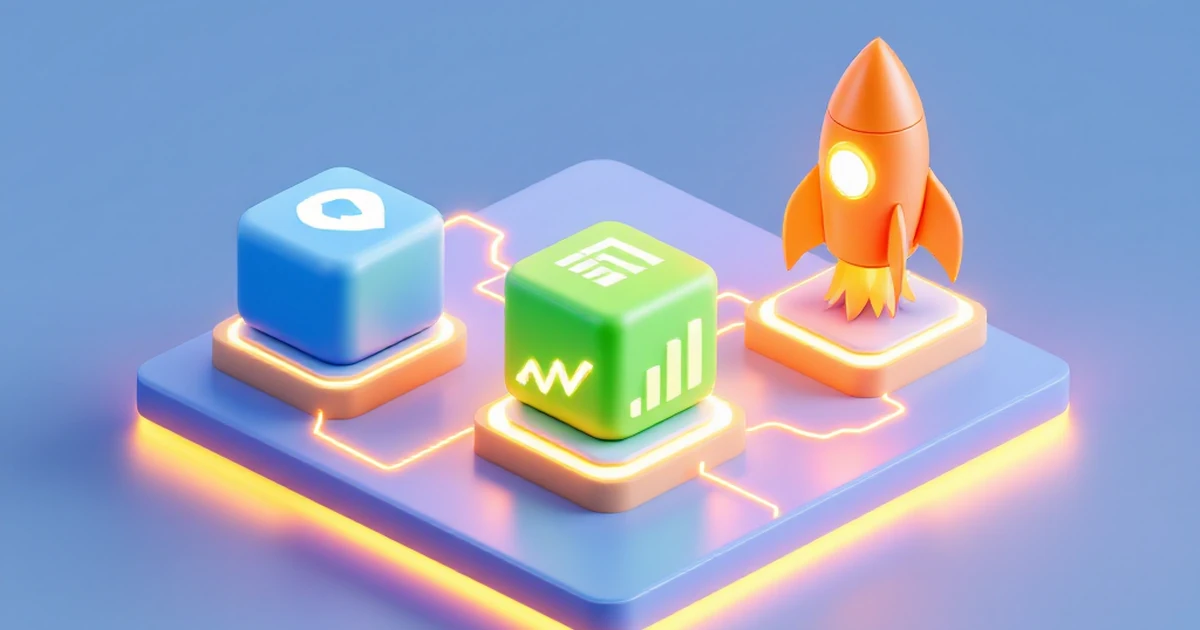 An isometric view of three colored cubes with different icons, connected by lines, representing top plugin picks.