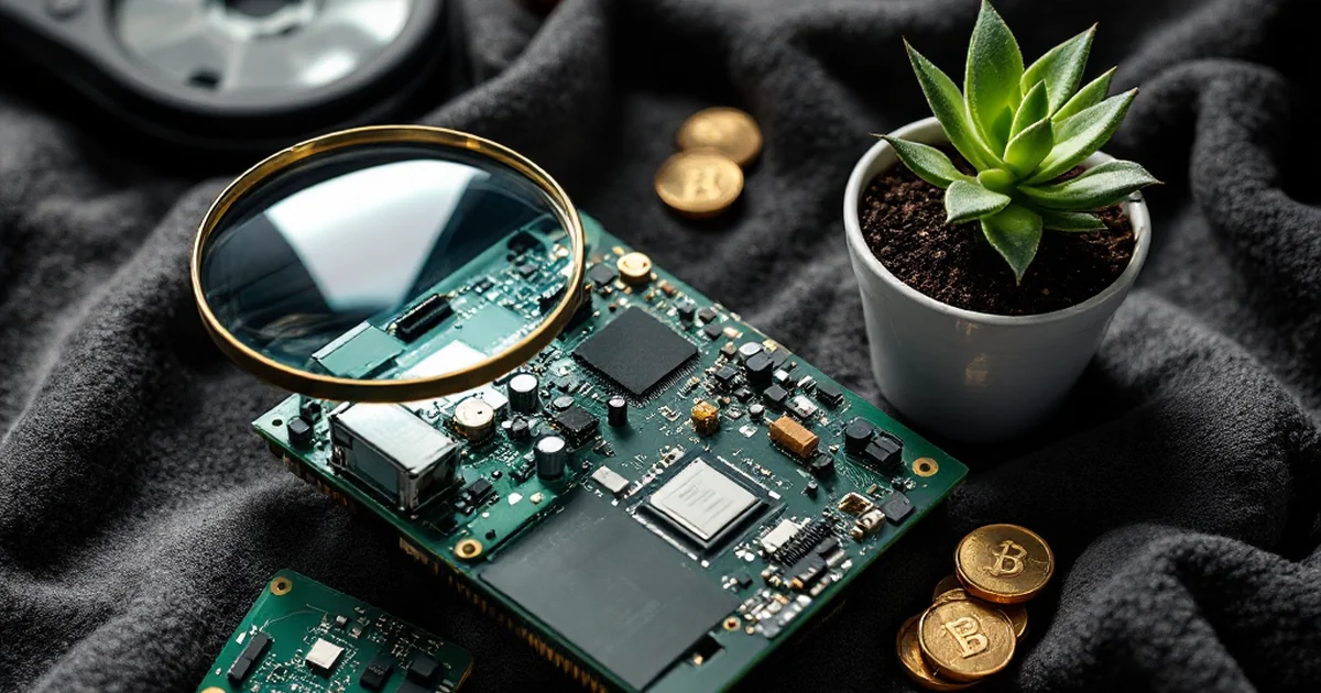 An abstract arrangement of a magnifying glass on a circuit board, a plant, and coins, symbolizing budget and specialty tools.