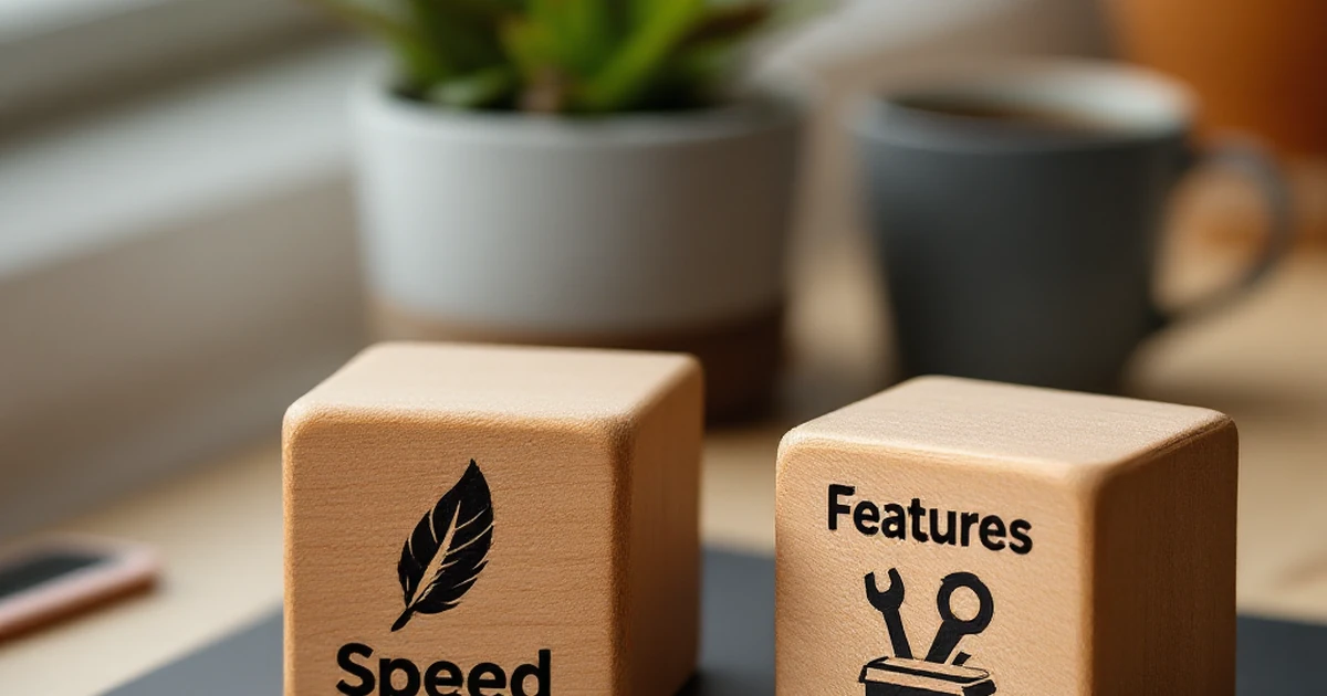 Wooden blocks representing speed vs features in theme choice