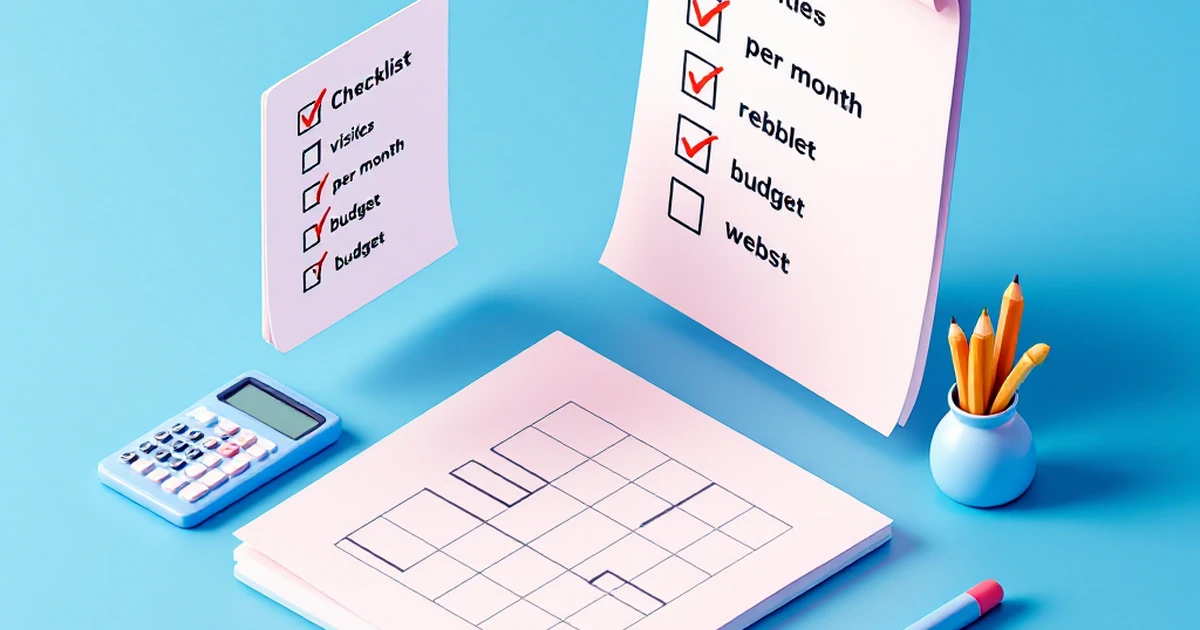 An isometric illustration showing a checklist and planning tools for choosing website hosting.