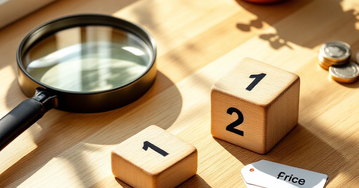 A product shot showing numbered blocks and objects representing the first steps in choosing hosting: assessing site needs and budget.