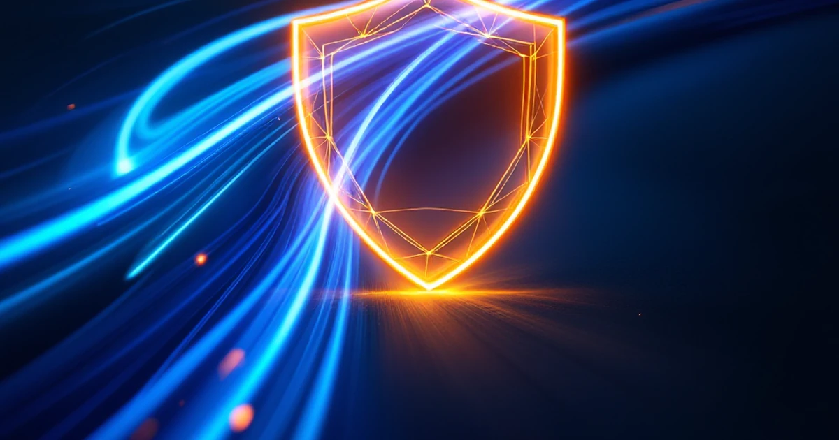 An abstract image of glowing lines and a shield, symbolizing website speed and security features in hosting.