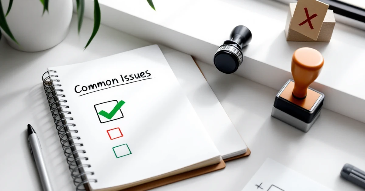 A workspace with a notebook and stamps, representing the process of identifying and solving common hosting problems.