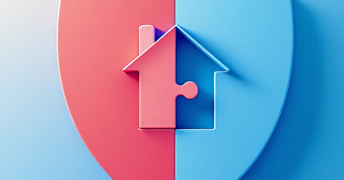 An abstract image of a puzzle piece shaped like a house fitting into a piece shaped like a shield.