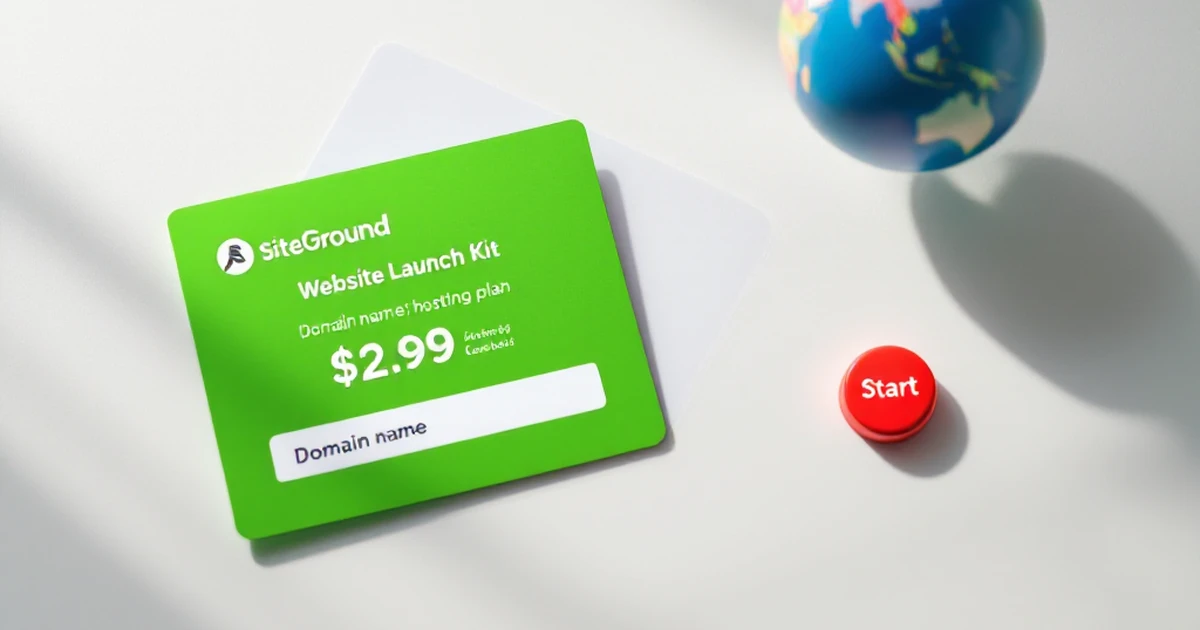 Product shot of domain card, SiteGround hosting card, start button token, and mini globe