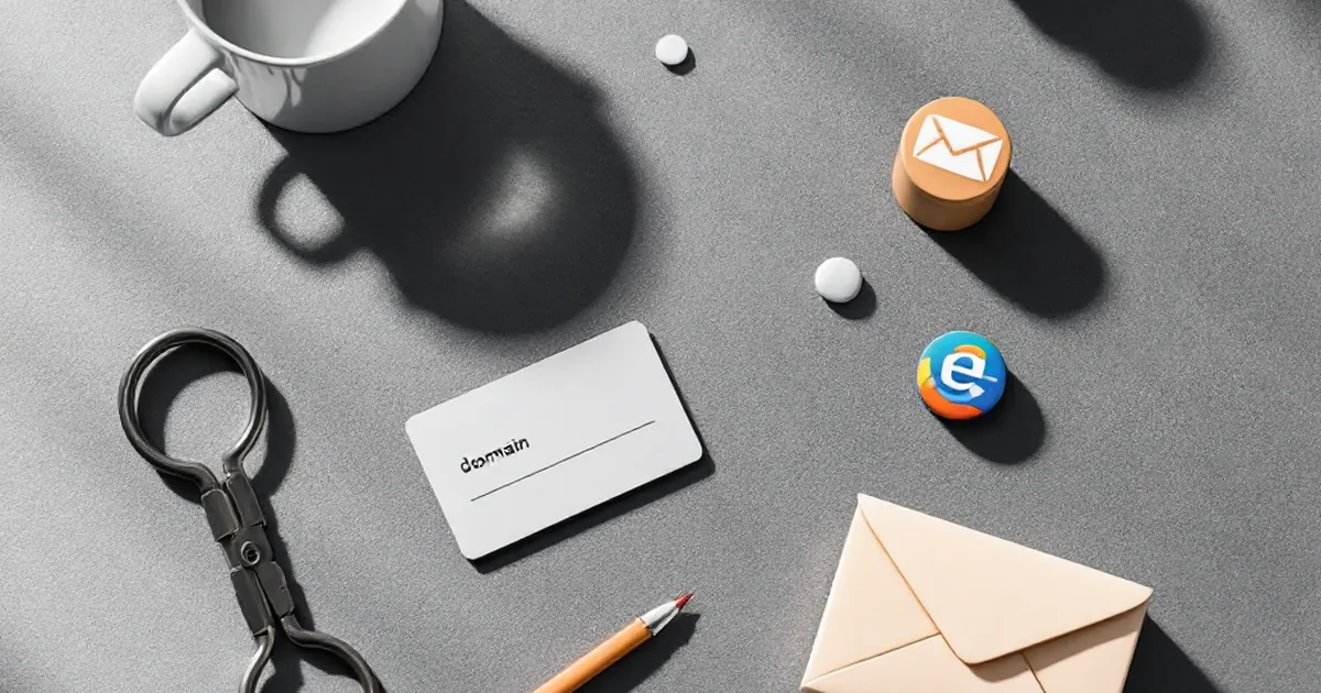 Isometric arrangement of domain tag, credit card, browser icon, and email envelope on slate surface