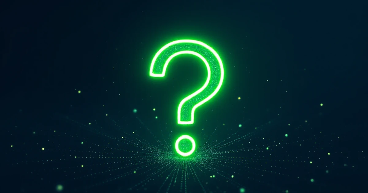 Abstract glowing green question mark with network dots and shield icon on dark blue background