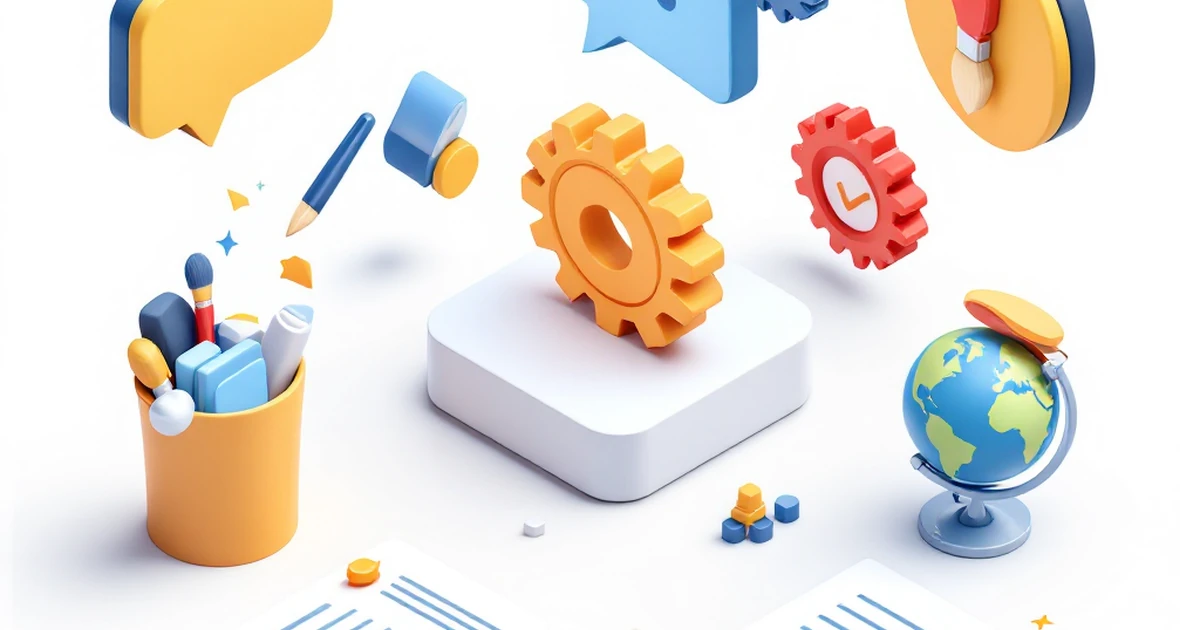 Isometric 3D render of content creation tools like a speech bubble, gear, and globe, symbolizing key features and specifications.