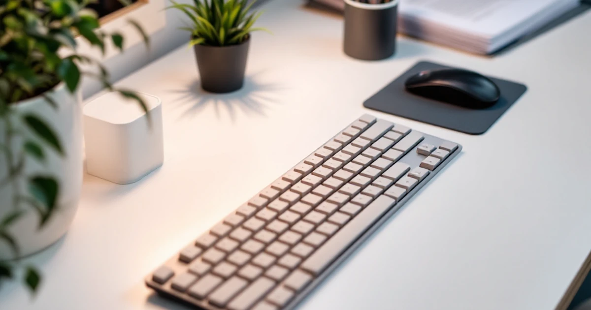 Workspace with keyboard, documents, and plant
