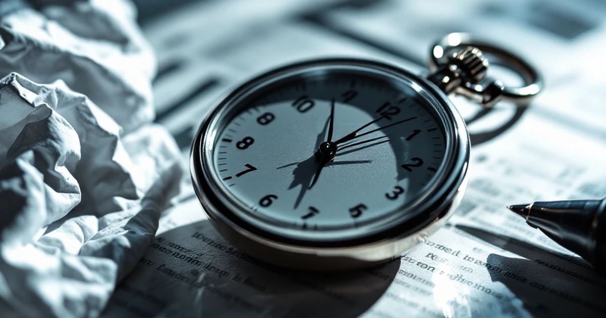 Stopwatch and crumpled paper on glossy surface