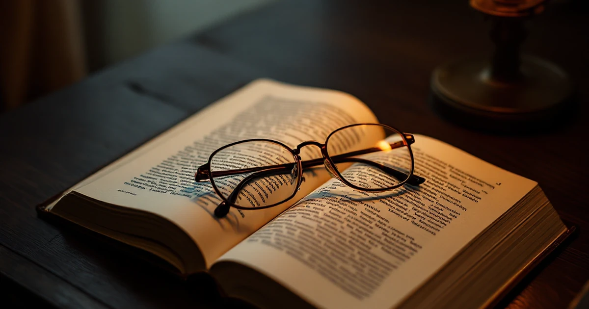 Open book with reading glasses and desk lamp