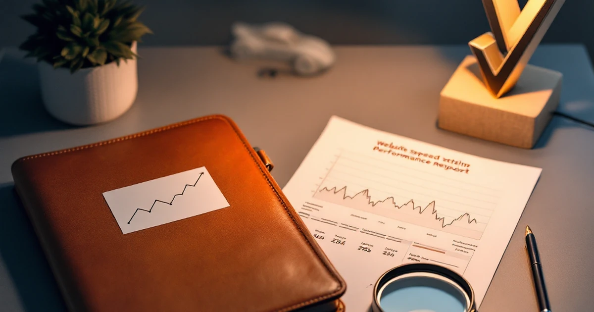 A professional workspace setup for website performance analysis, featuring a notebook with charts, a magnifying glass, and abstract speed symbols.