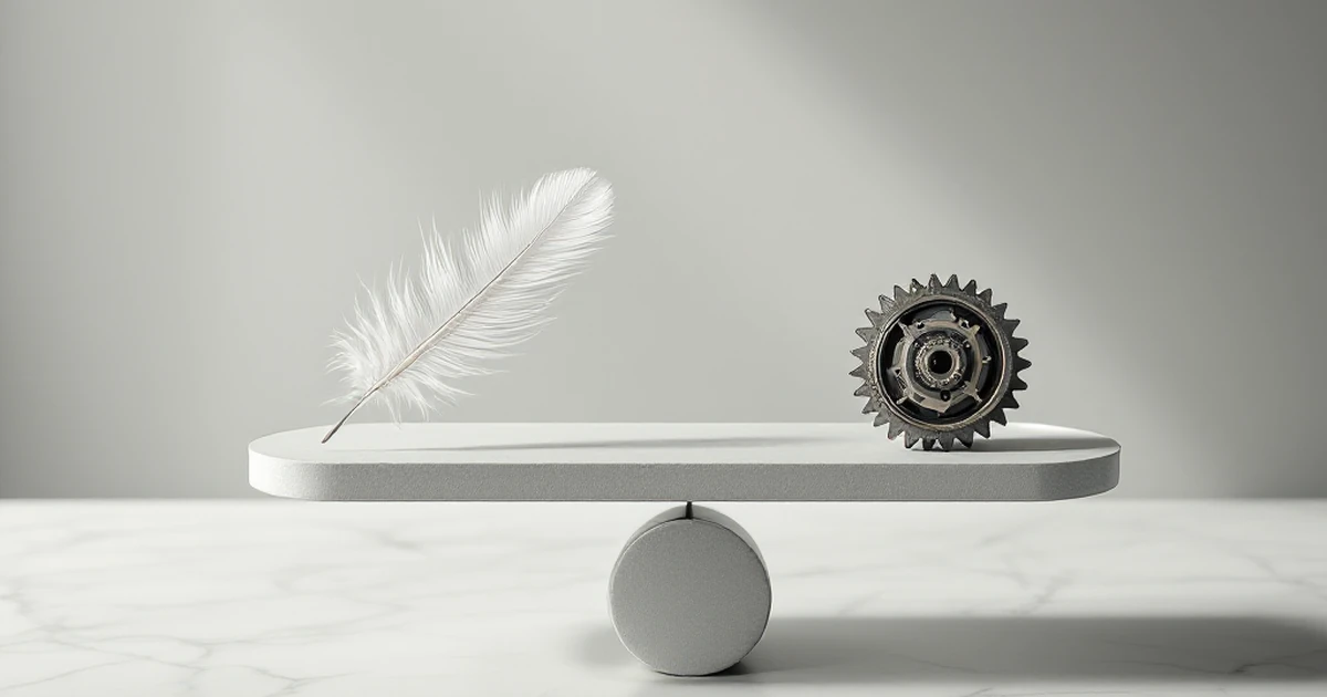 An abstract photograph of a balanced scale with a feather and a gear mechanism, representing the trade-off between speed and features.