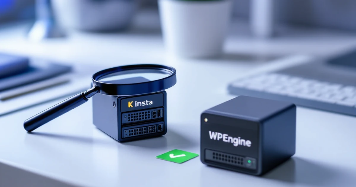 Two server models with magnifying glass over Kinsta for feature comparison