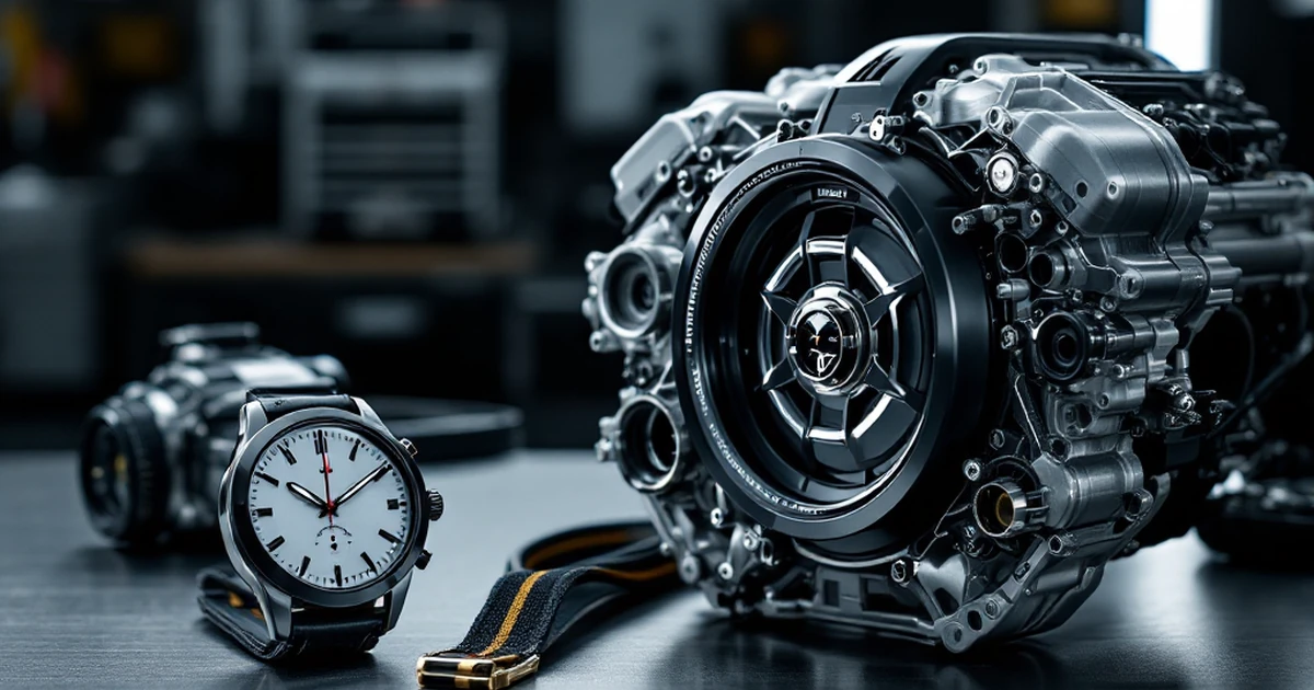 A detailed photo of a car engine and a stopwatch, metaphorically representing website performance and speed testing.