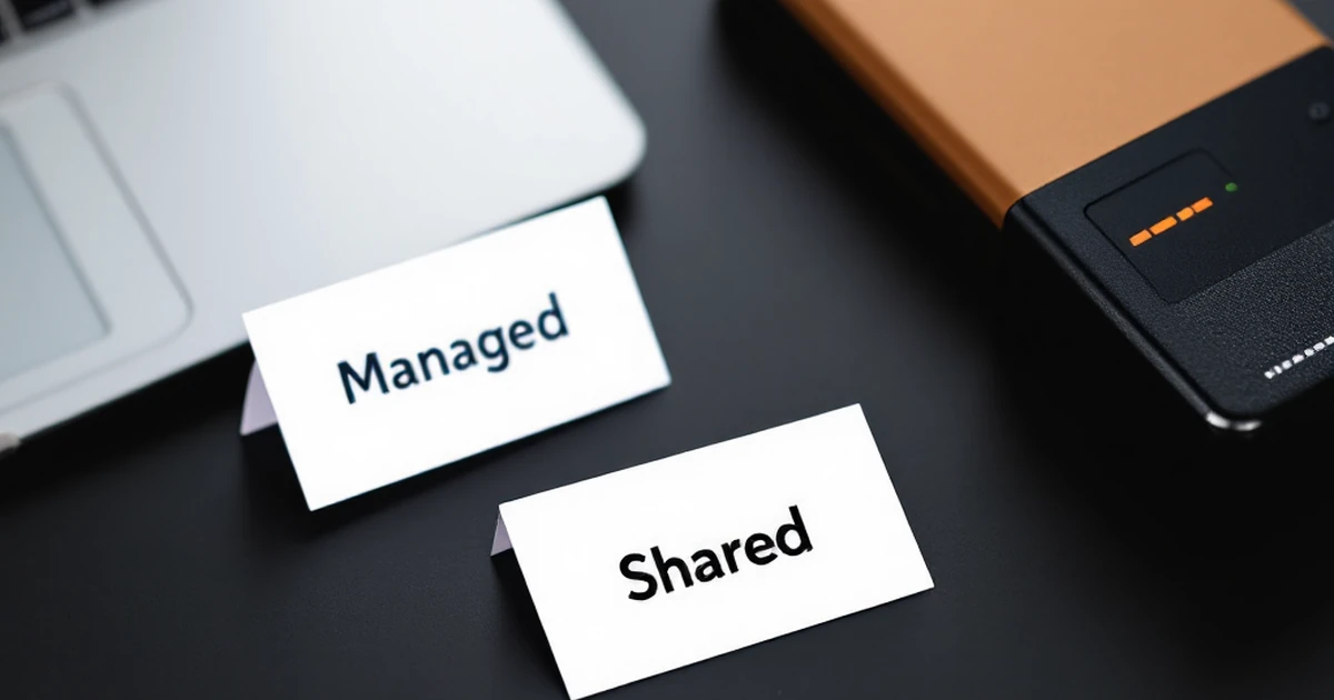 Product photo of WordPress hosting cards next to laptop and network switch.