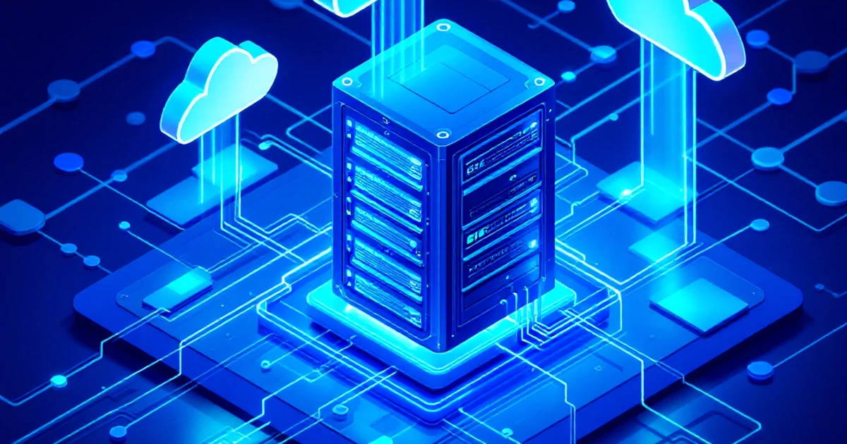 Isometric view of network setup with server racks and cloud icons.