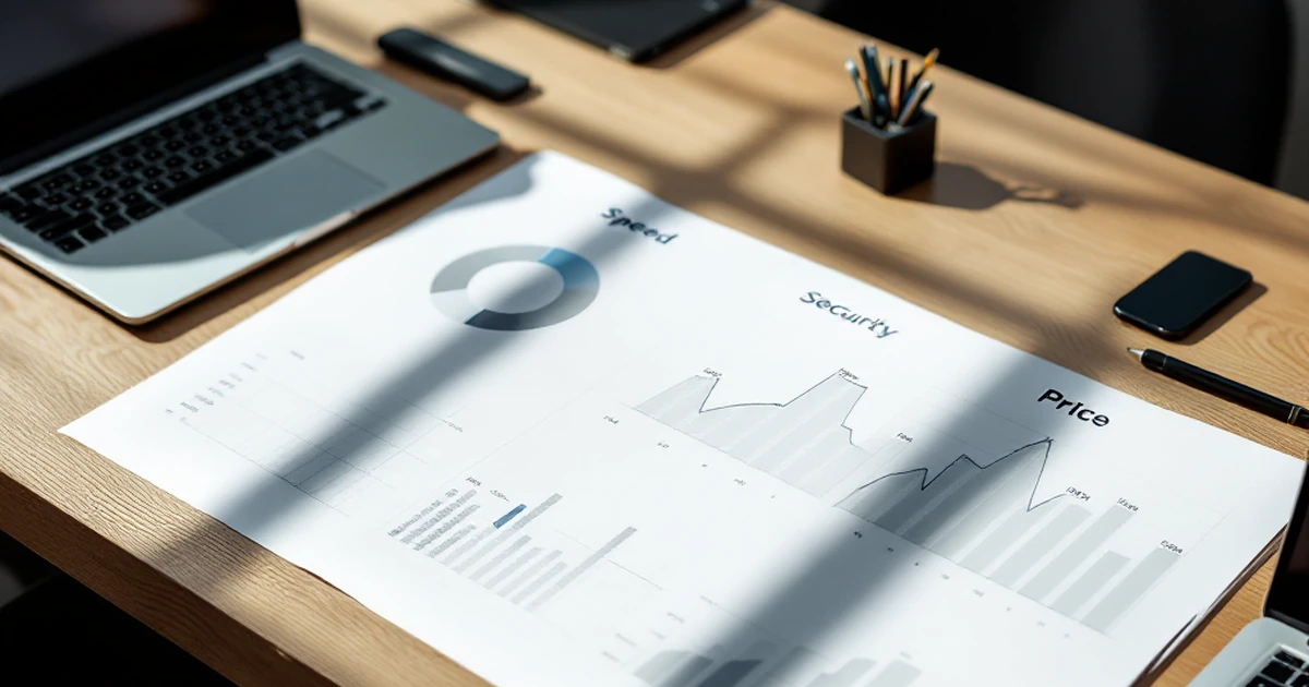 Workspace with comparison charts on table, laptops, and graphs.