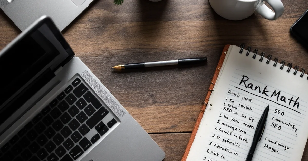 Workspace with laptop and notepad for installing RankMath on WordPress.