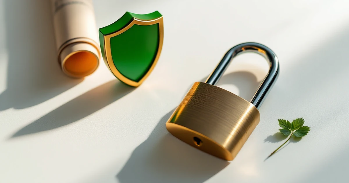 Product shot of a green shield figurine, padlock, and security certificate on white surface.