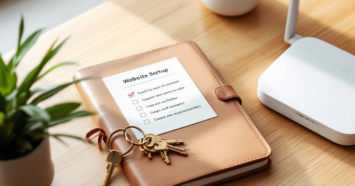 A desk with items needed to secure a website: a notebook, keys, router, and plant.