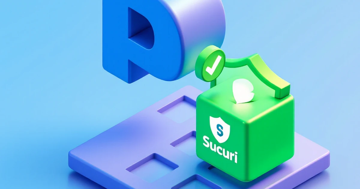 An isometric 3D graphic showing a Sucuri shield icon slotting into a WordPress plugin grid.