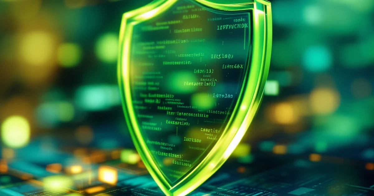 An abstract close-up of a translucent shield overlaid on blurred digital code and symbols.