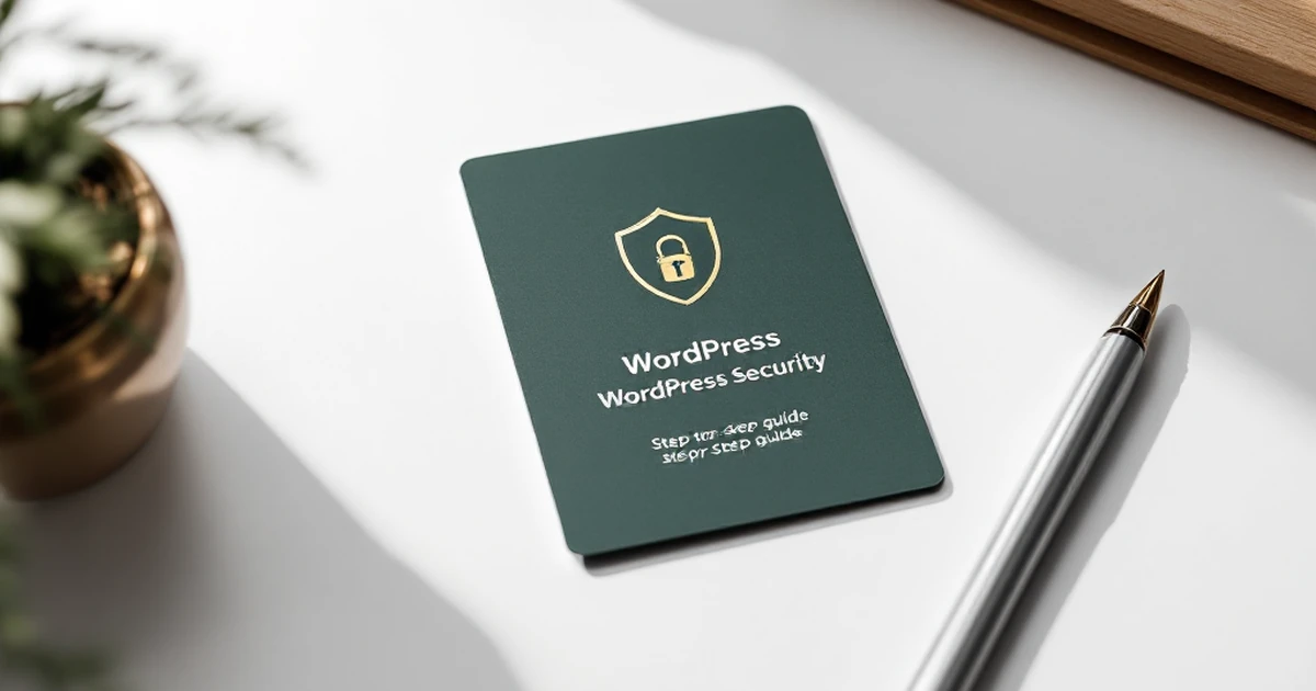 Workspace shot of Sucuri card, brass shield, pen, and printed guide on white desk.
