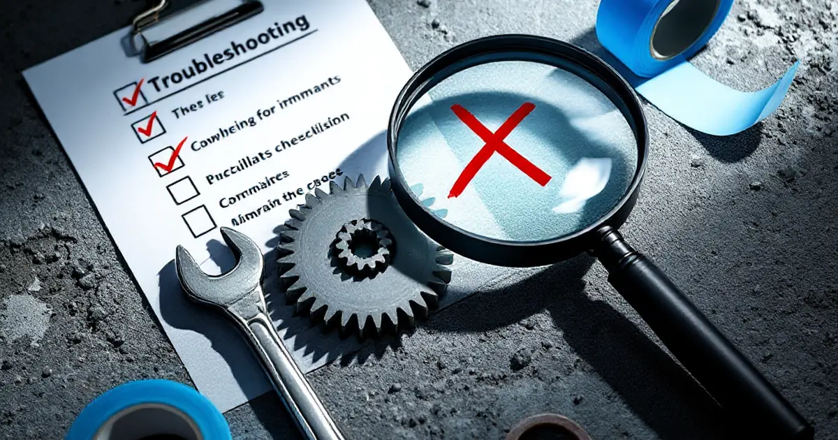 A magnifying glass, wrench, tape, and checklist arranged as tools for fixing website issues.