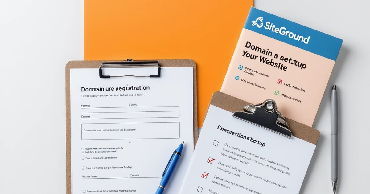 Product image of website setup tools including a domain registration form and SiteGround brochure.