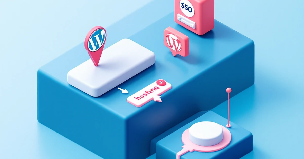 Isometric view of WordPress installation process with icons representing each step.