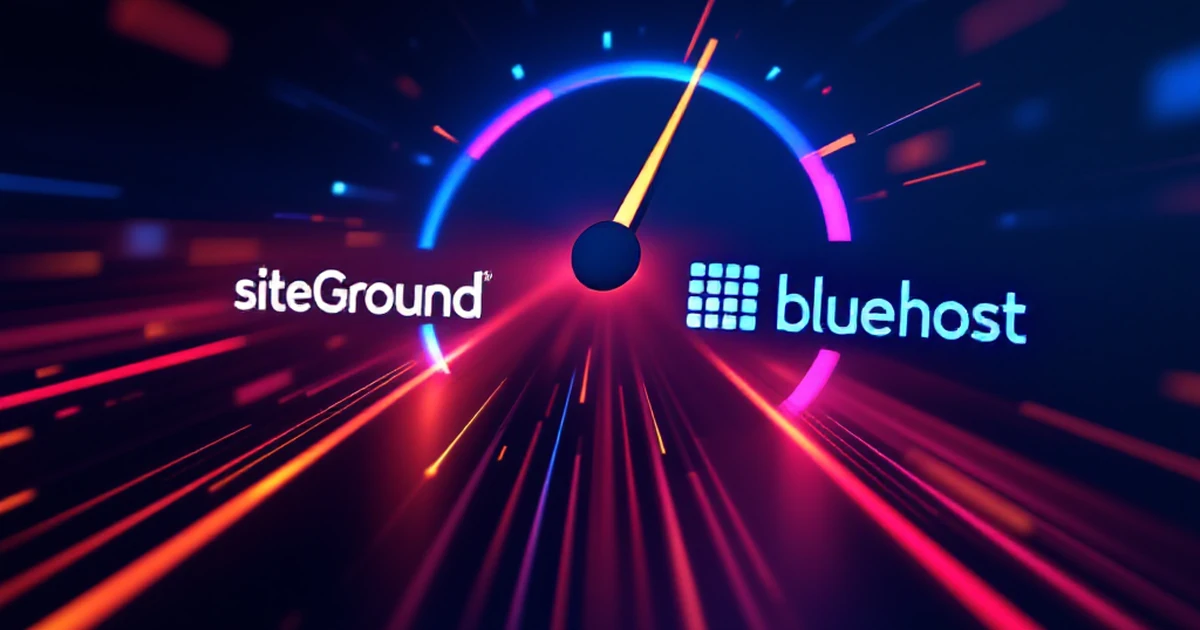 Abstract digital speedometer with SiteGround and Bluehost logos on a gradient background.