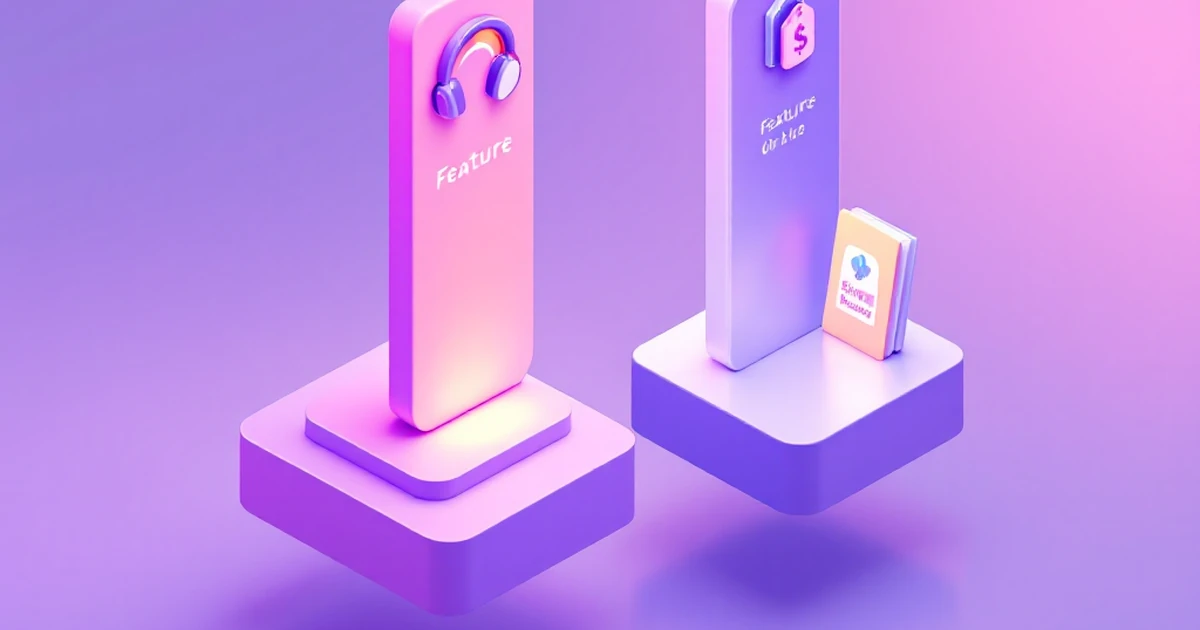 A 3D isometric illustration of a feature comparison chart with icons for speed, support, price, and ease of use.