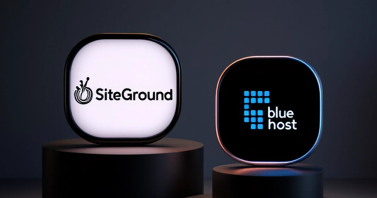 Product shot of SiteGround and Bluehost logos on black pedestals.