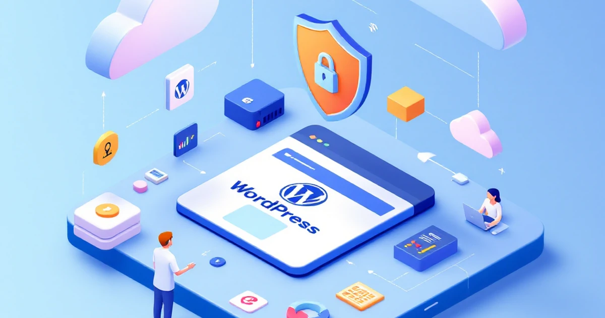 Isometric illustration of WordPress setup with cloud and security shield icons.