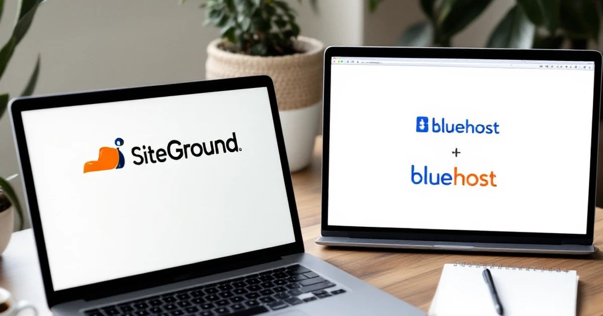 Workspace with laptops showing SiteGround and Bluehost logos, notepad, and coffee cup.