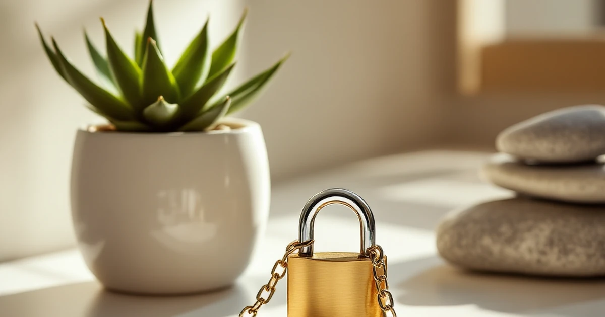 A brass padlock with chain, a succulent, and gray stones on a white desk