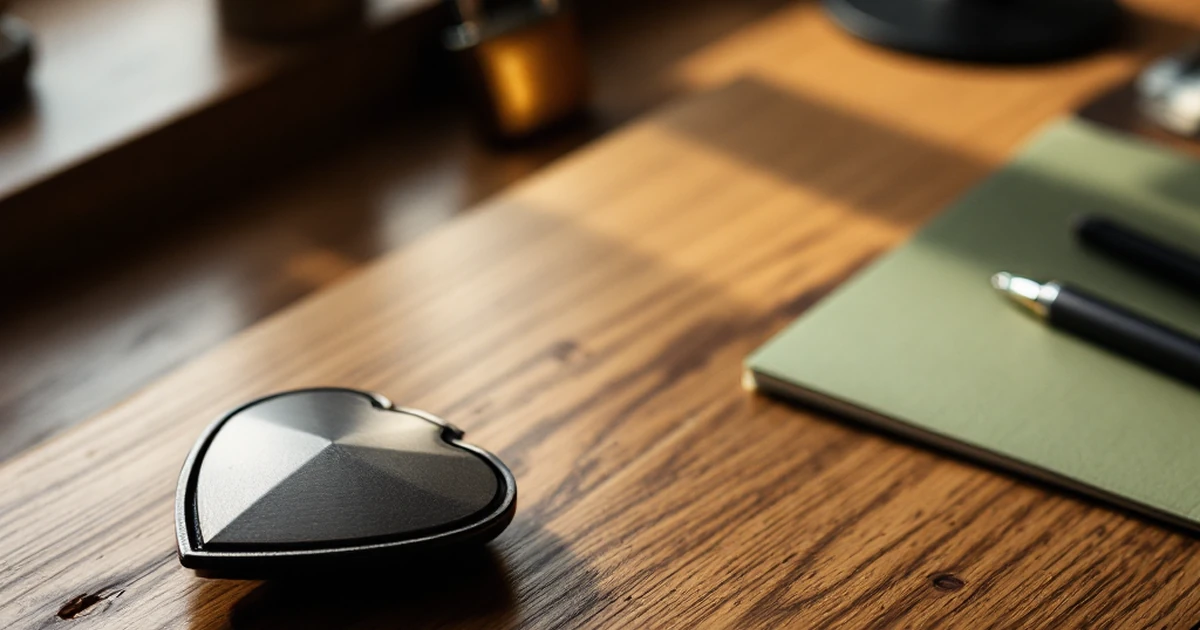 A wooden desk with a shield object, lock, notepad, and pen in natural light
