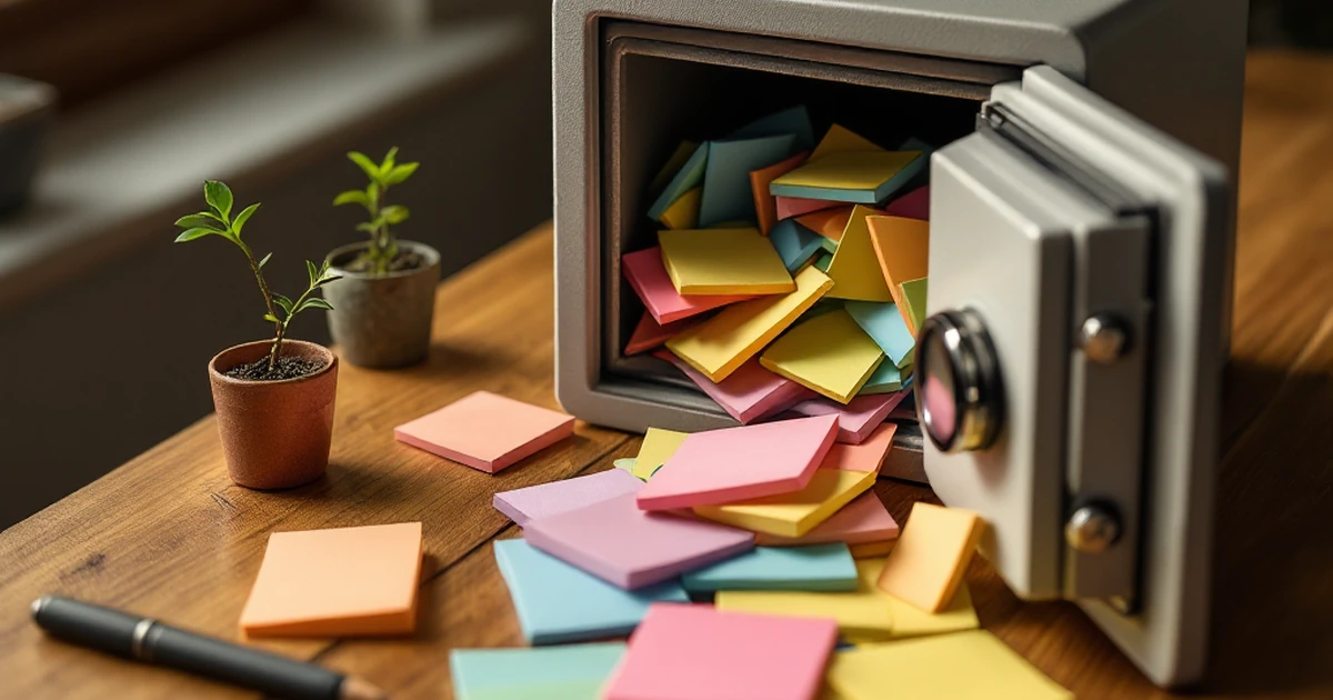 Cracked open safe with sticky notes and plant on wooden desk