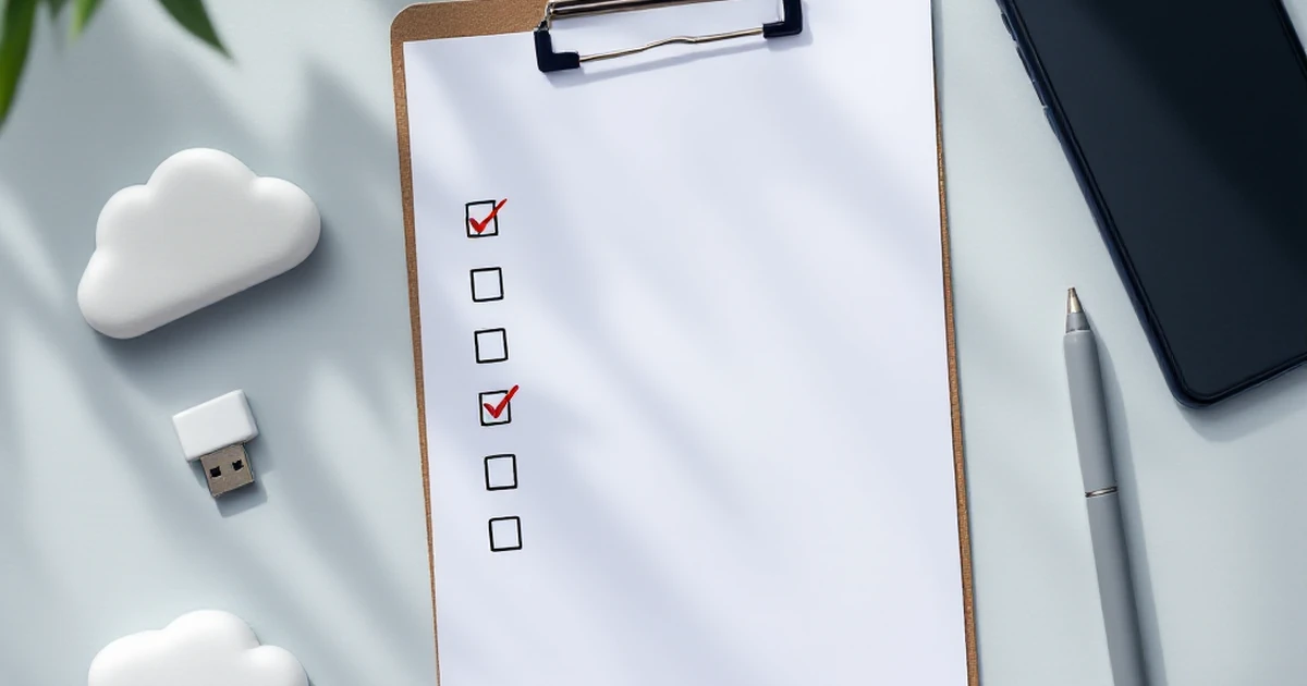 Checklist on clipboard with smartphone and cloud-shaped USB drive on desk
