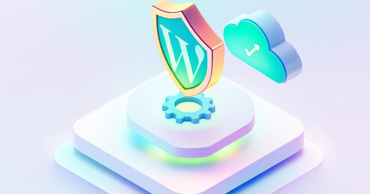 Isometric illustration of WordPress dashboard icon with shield and cloud
