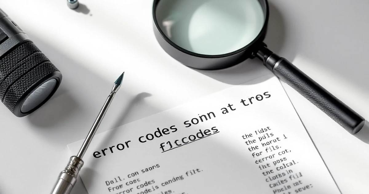 Flat lay of screwdriver, magnifying glass, and error code list on white desk