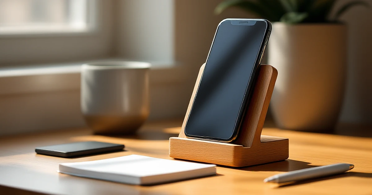 Desk setup with smartphone stand, notebook, and pen for online store theme review