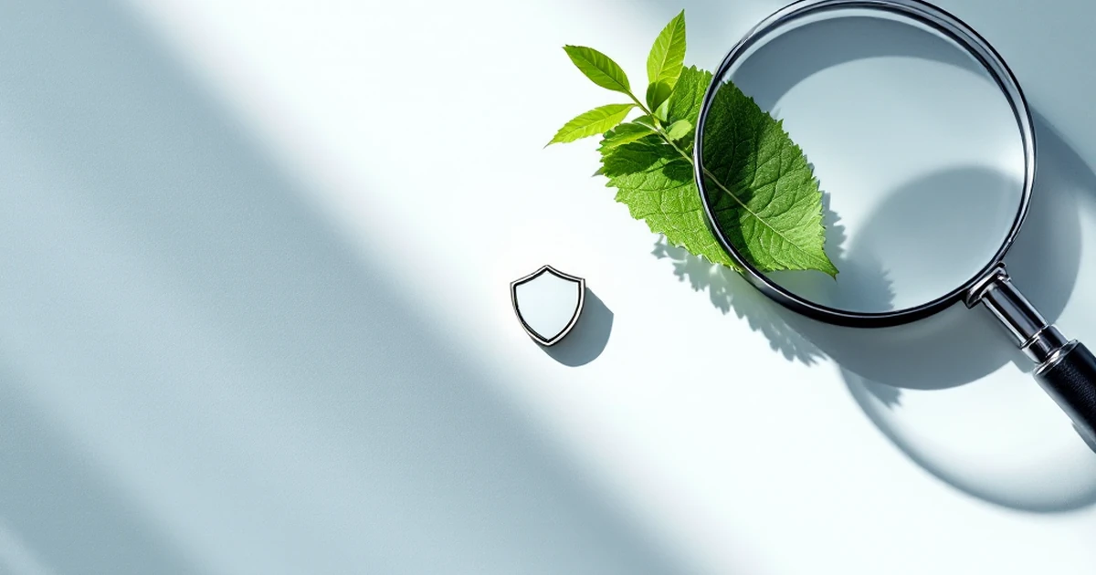 Shield and leaf with magnifying glass on white surface